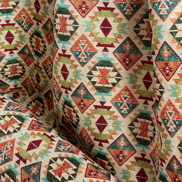 Kilim woven fabric in red, green, and beige geometric pattern